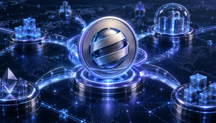 Illustration of a wrapped digital token connected across blockchain networks